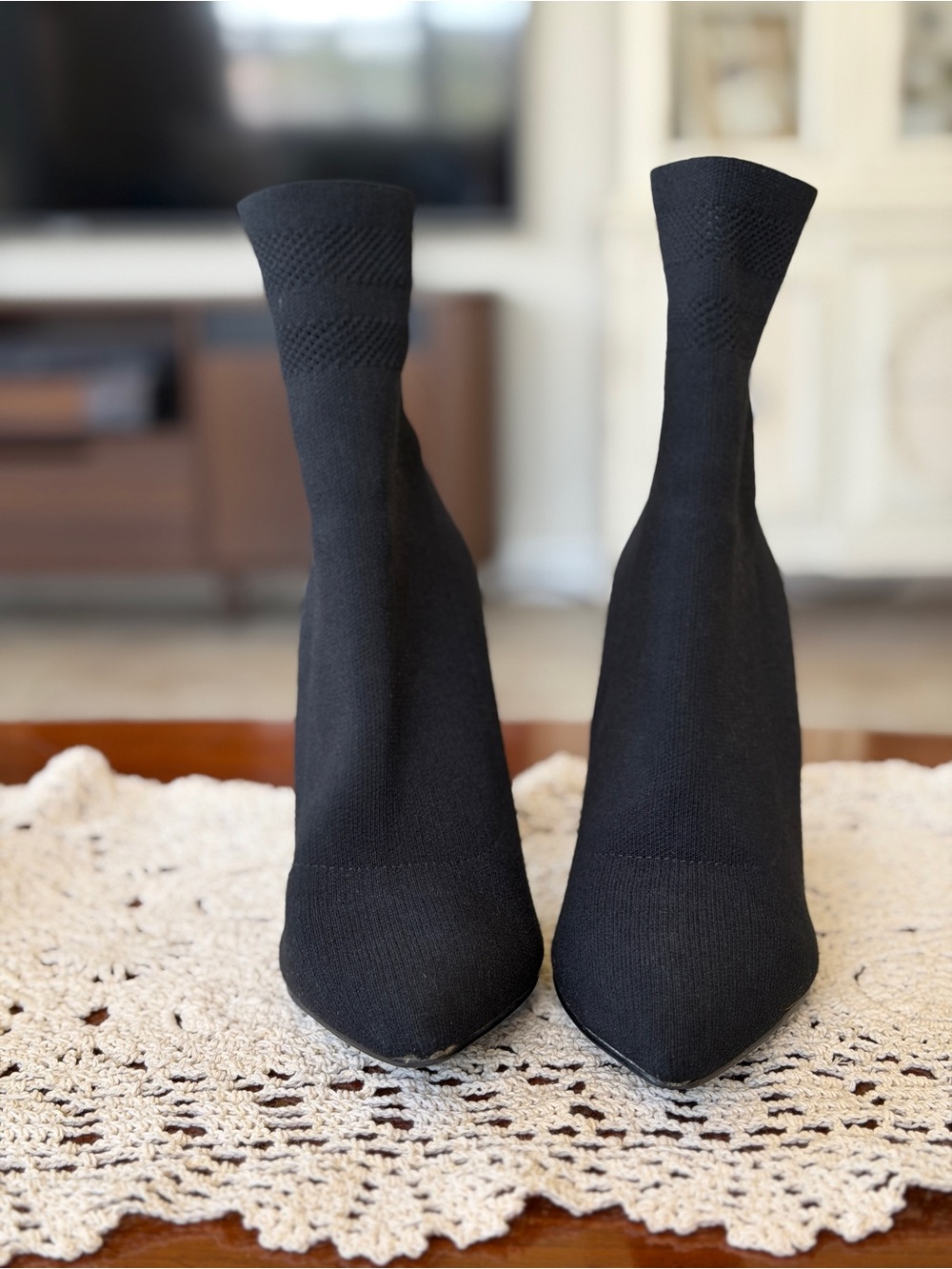 Steve Madden Black Knit Sock Ankle Booties with Pointed Toe - Picture 6 of 8